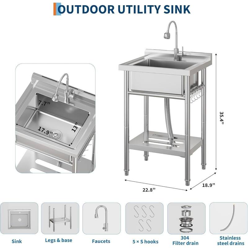 22.8"x18.9"x35.4" Freestanding Single Bowl Utility Sink with Storage Shelf