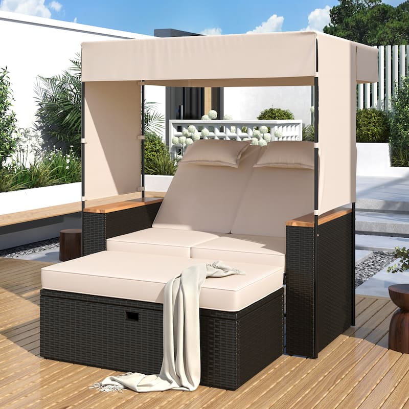 2 Piece Outdoor Rattan Daybed with 5 Positions,Bench and Cushions - Beige