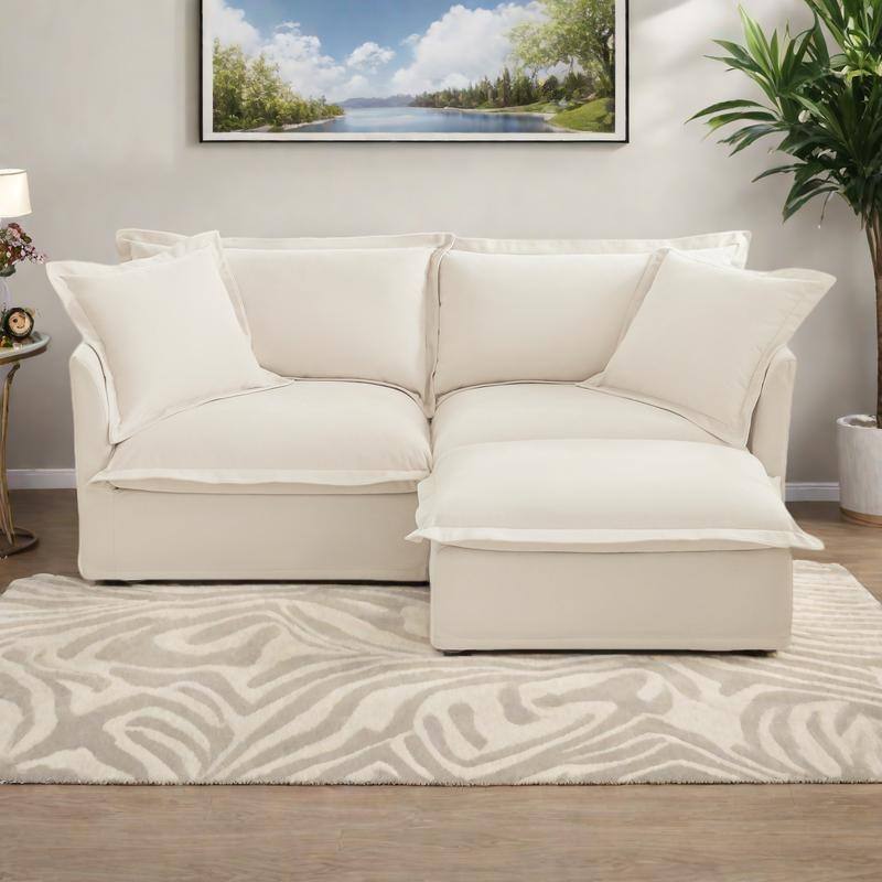 83.4" Chenille L-Shaped Sectional with Convertible Ottoman and 2-Seater Sofa & Pillows - Cream