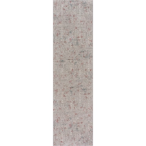 LR Home Carved Transitional Geometric Polyester Area Rug, Gray and Ivory