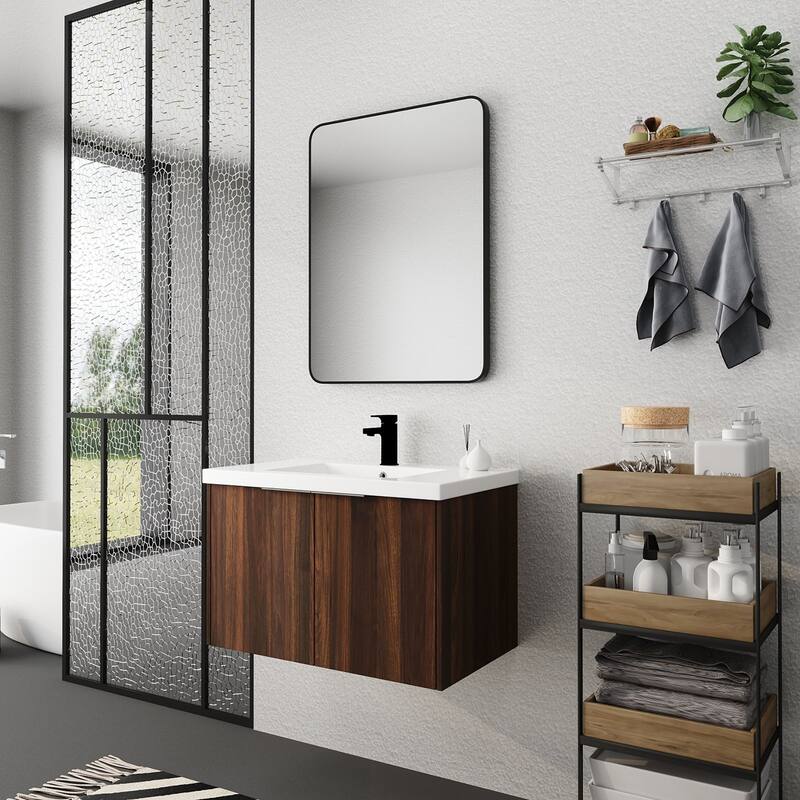 Wood Wall-Mounted Bathroom Vanity Set with Integrated Resin Sink