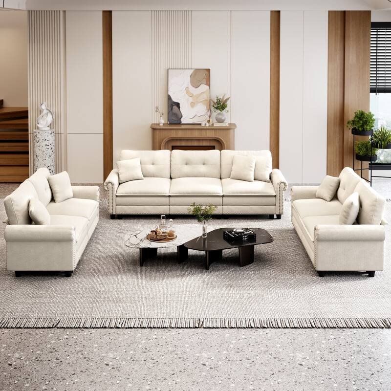 MASION ARTS 3-Piece Modular Sectional Sofa, Oversized Cloud Couch with Armchairs/Loveseats, Deep Seat Sofa (5–7 Seats) - 7-Seater/White/Chenille