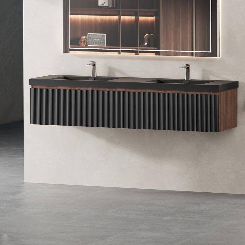 ABRUZZO Floating Vanity with Integrated Top Sink Soft-Close Wall-Mount Bathroom Cabinet - 72" - Smoked Walnut