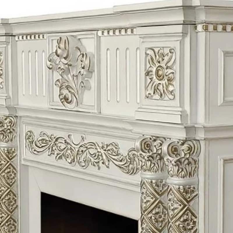 Jess 59 Inch Classical Electric Fireplace, Carved, Remote, Pearl White