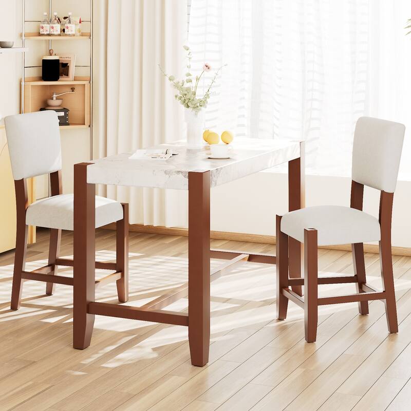 Roomfitters 3-Piece Counter Height Dining Table Set for 2, Faux Marble Bar Table with 2 Upholstered Chairs, Beige + Brown - Beige,Brown
