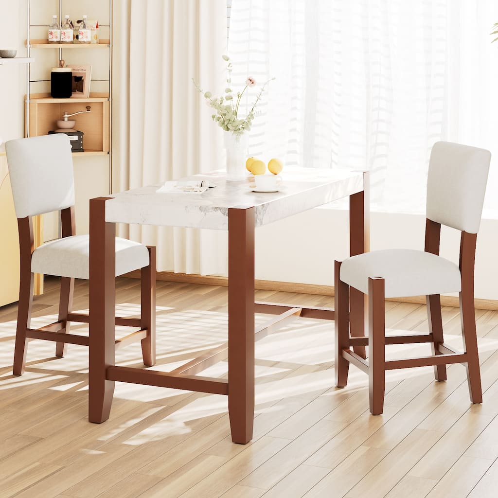 Roomfitters 3-Piece Counter Height Dining Table Set for 2, Faux Marble Bar Table with 2 Upholstered Chairs, Beige + Brown