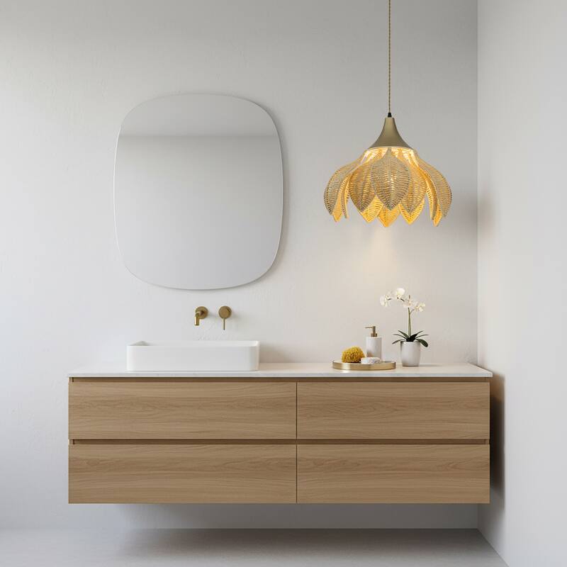 Yume 1-Light Rattan Lotus Pendant, Coastal Boho - Handwoven - 20" Wide