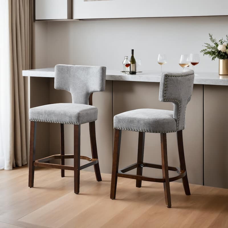 Mid Century Modern Counter Height Bar Stools Set of 2, Farmhouse Linen Fabric Upholstered Accent Chair Curved Backrest - Gray