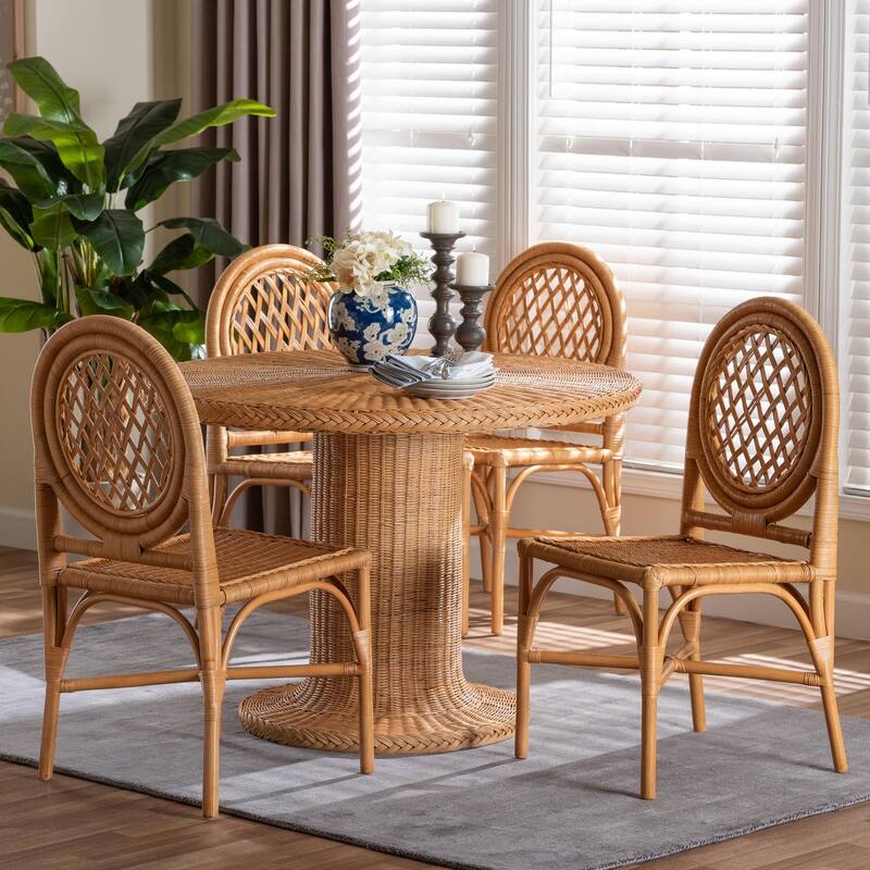 Winslow 5-Piece Rattan Dining Set - Round Wicker Table with Pedestal Base and 4 Chairs, Kitchen or Dining Room, Light Honey