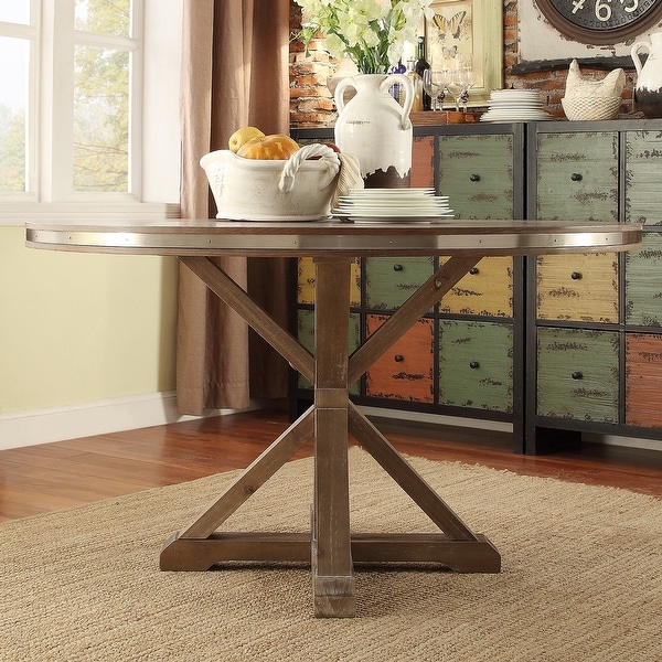 Abbott Rustic Stainless Steel Strap Oak Trestle Dining Table by iNSPIRE Q Artisan. Opens flyout.