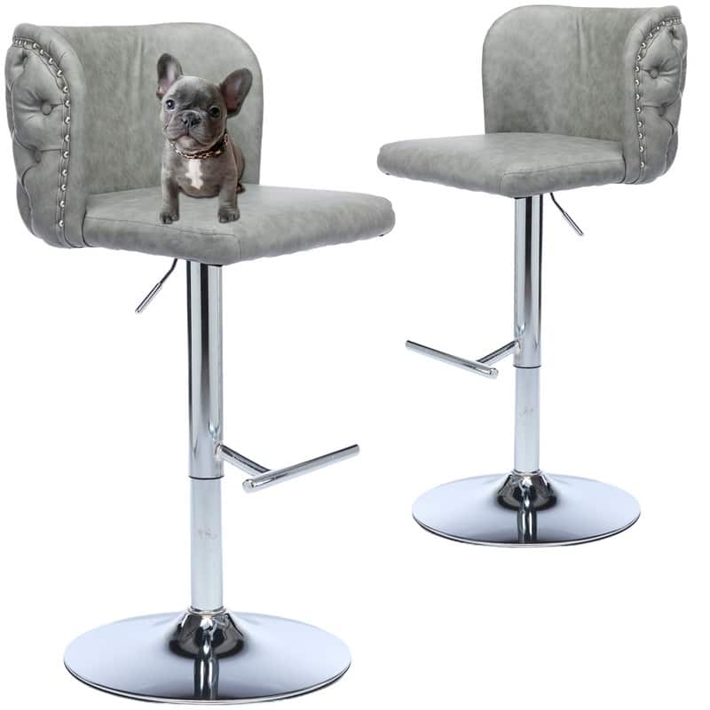 Upholstered Adjusatble Swivel Bar Stools Set of 2 - Grey Silver