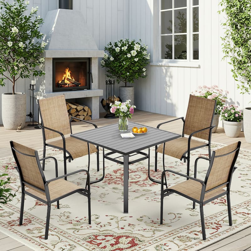 5/7/9-Piece Outdoor Patio Dining Set with Stackable Textilene Chairs and Slatted Table, Furniture with Adjustable Umbrella Hole