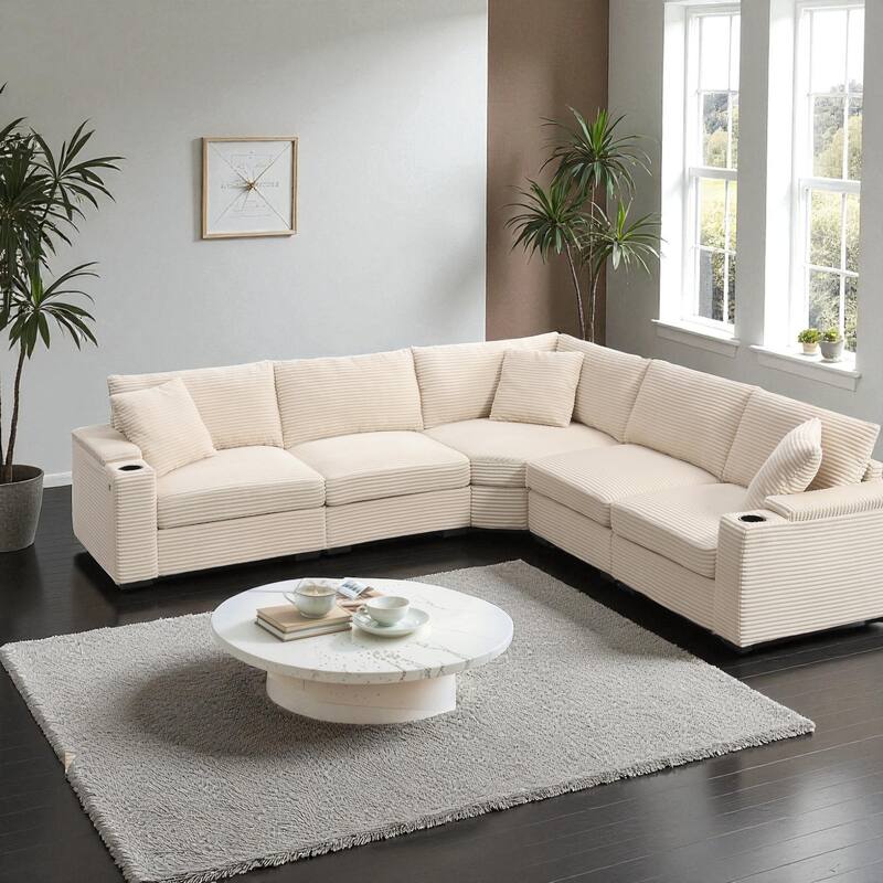 106" Convertible L-Shaped Modular Corduroy Sectional Sofa with Armrest Storage Cup Holders USB Charger Corner Couch