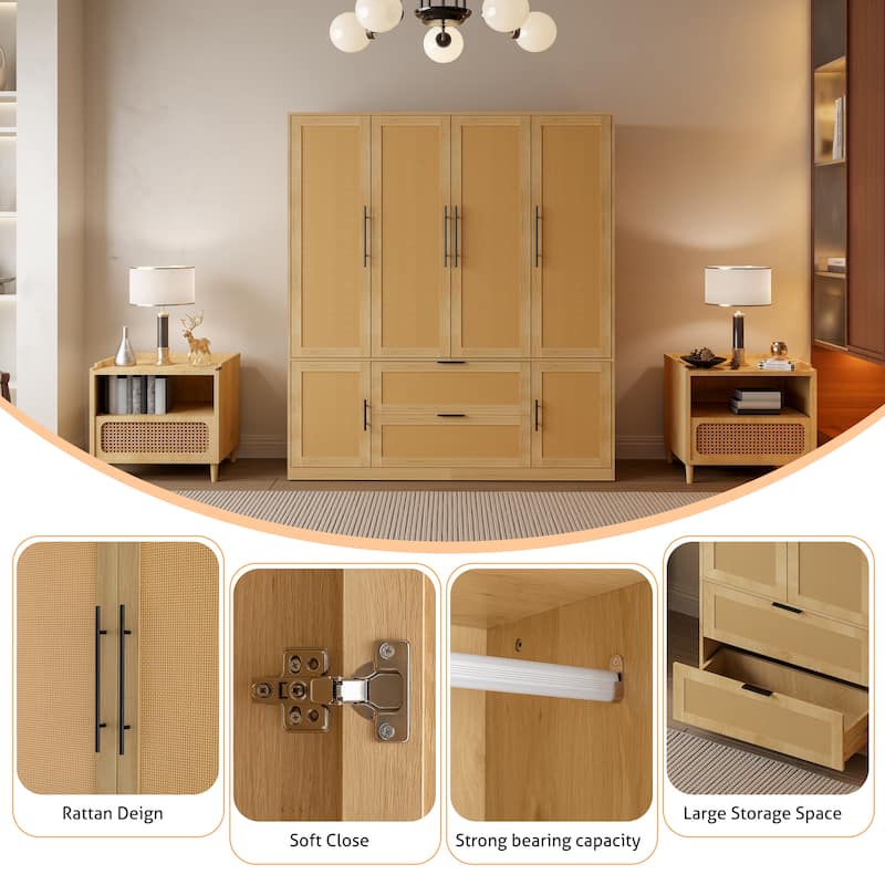 63"W Boho Style Family 6-Door Wardrobe Armoire Closet 2 Drawer Storage - N/A
