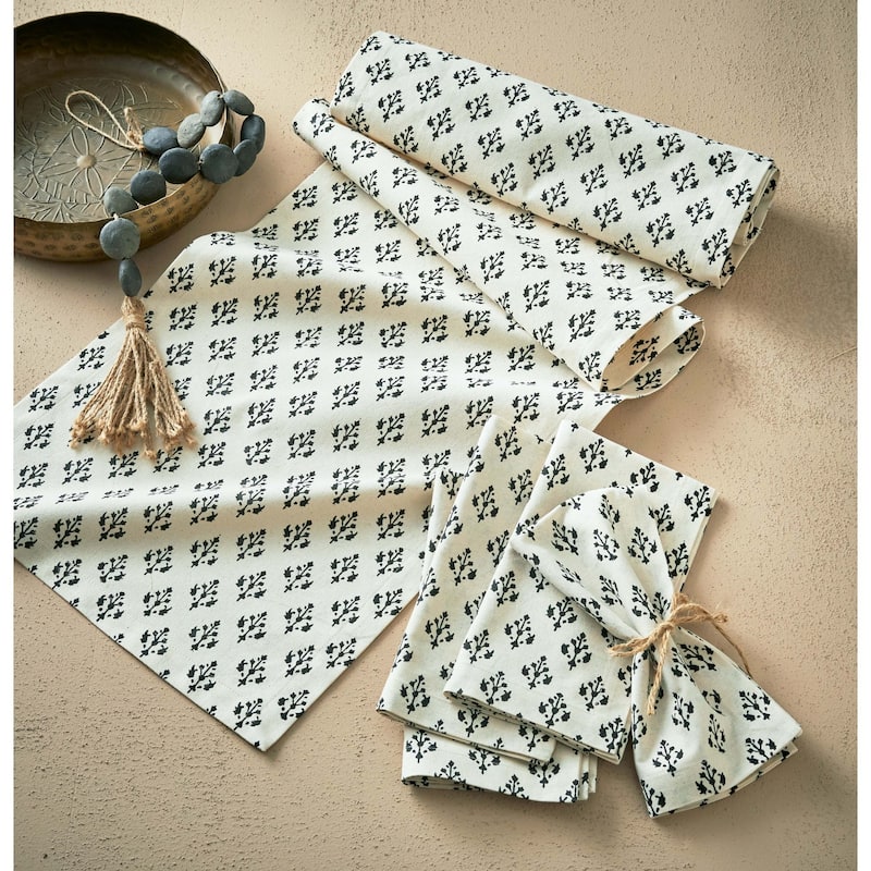Emma Block Print All Over Black Abstract Print on Beige Background Cotton Machine Washable Table Runner , 72" x 14.5"-in.
