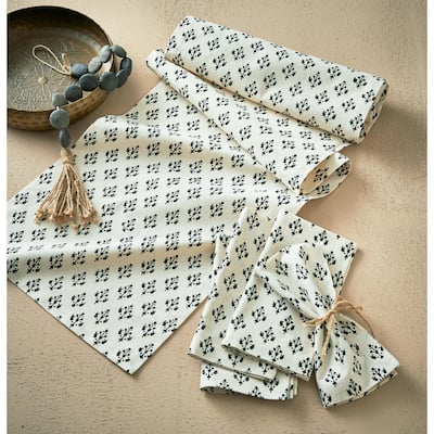Emma Block Print All Over Black Abstract Print on Beige Background Cotton Machine Washable Table Runner , 72" x 14.5"-in.