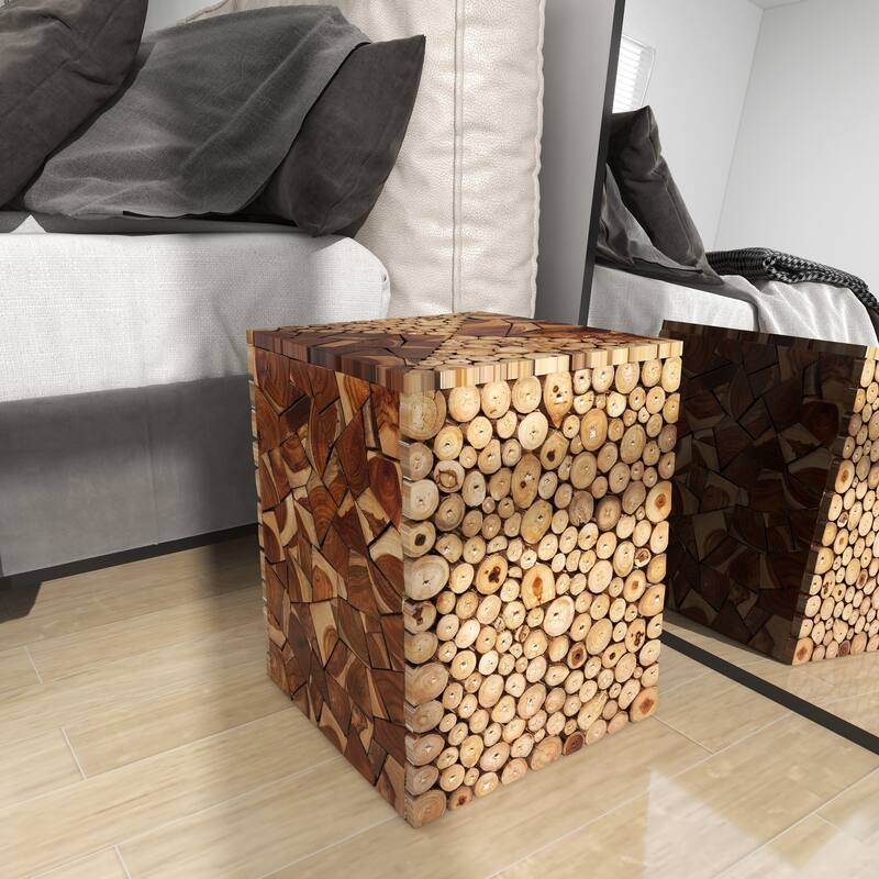 Brown Teak Wood Handmade Square Block Side End Accent Table with Mosaic Wood Chip Design