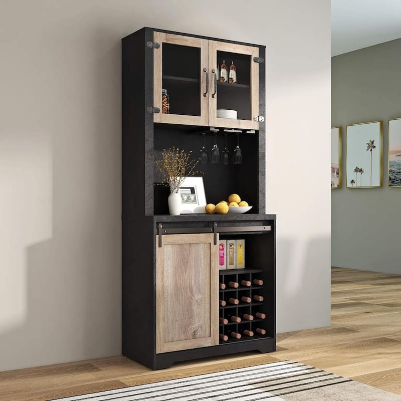 Coffee Bar Cabinet with Sliding Barn Door, Industrial Buffet Cabinet with Wine Storage