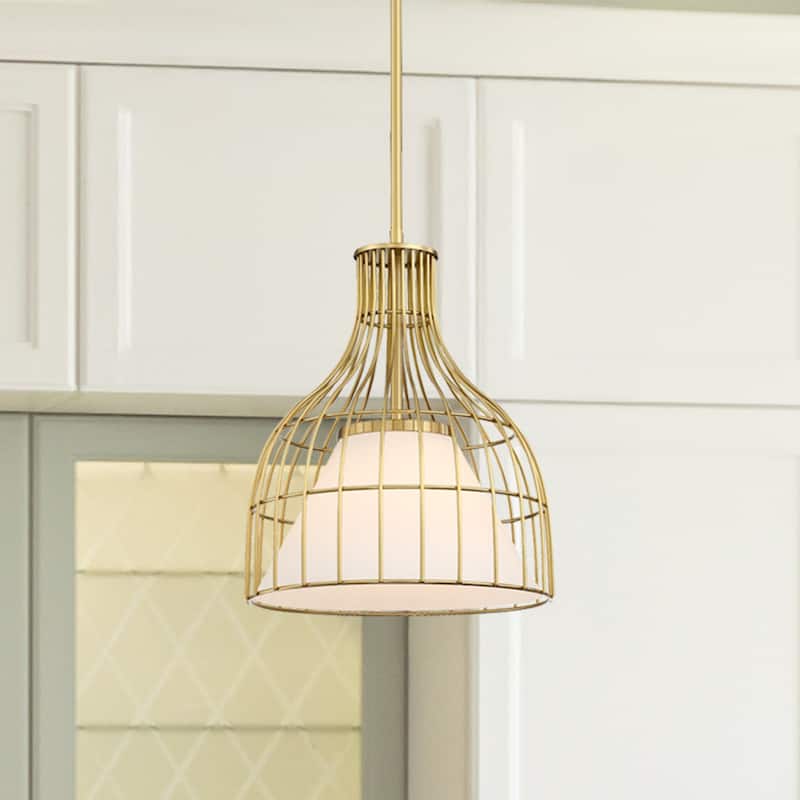 Evensong 60 Watt 1-Light Brushed Gold Bell Pendant with Etched Opal Glass Shade and Metal Outer Cage - 14.75