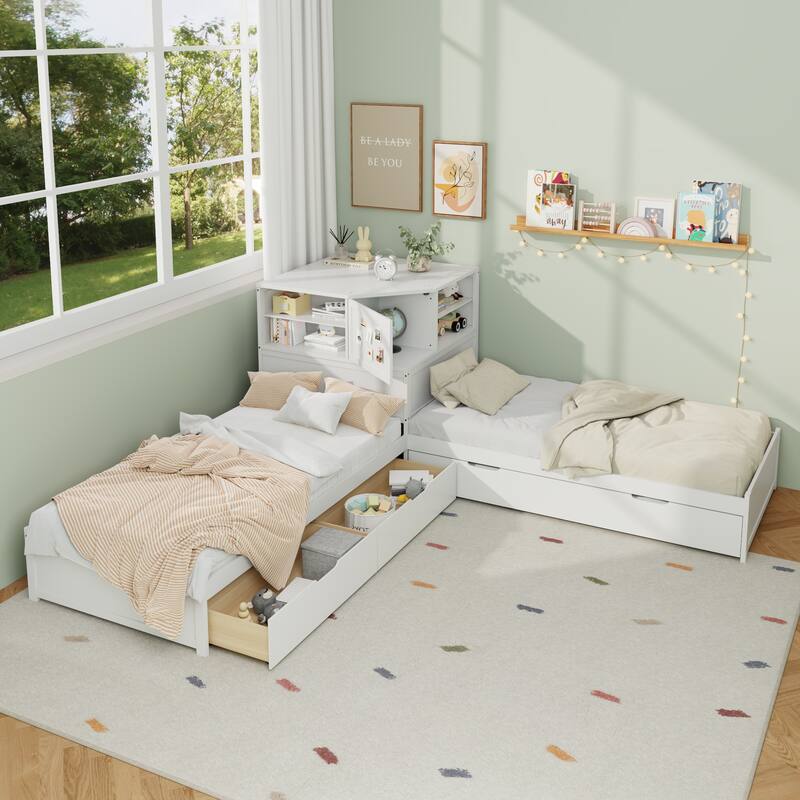 L-Shaped Combination Twin Bed Frame with Trundle and Drawer