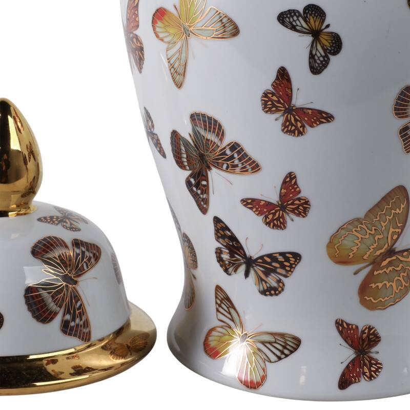 Ceramic Decorative Temple Jar with Lid and Metallic Butterfly Motif