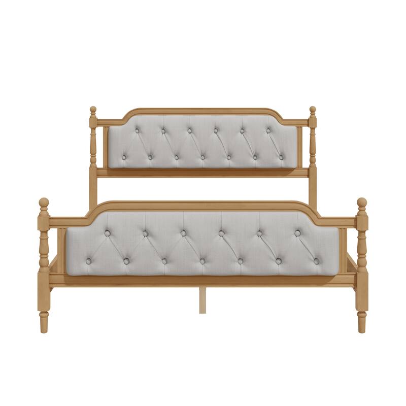 Queen Size Solid Wood Bed Frame with Tufted Upholstered Headboard, No Box Spring Needed, Antique Walnut Finish