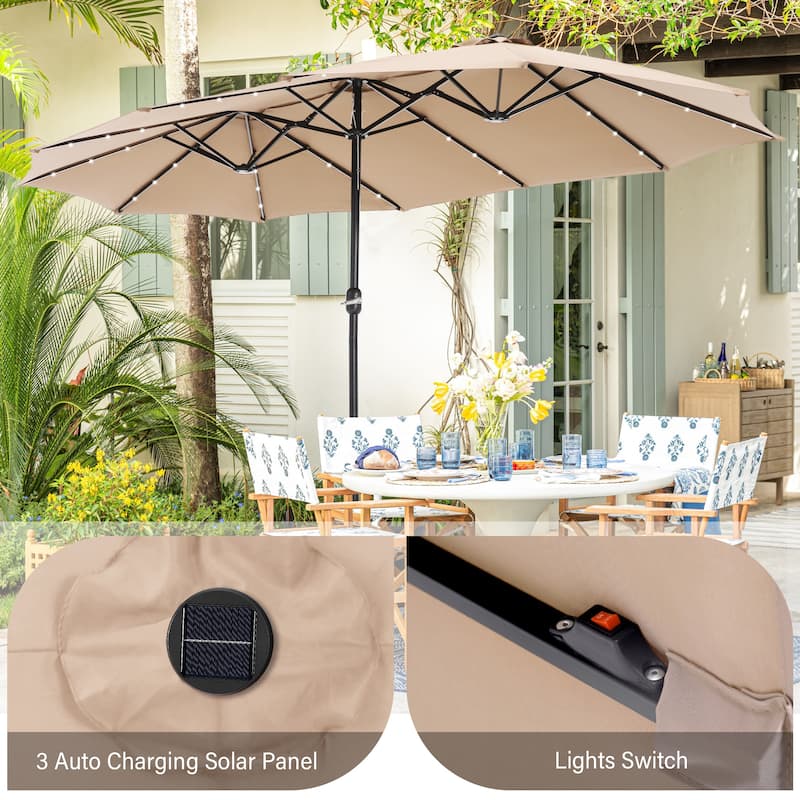 15-foot Rectangular Crank Double-sided Outdoor Market Umbrella Solar LED Lighted Patio Umbrella with Base Included