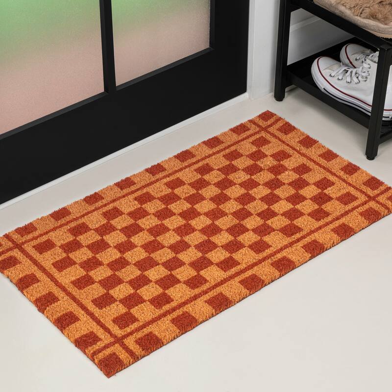 JONATHAN Y Classic Natural Coir Mat Indoor/Outdoor - Natural/Red - 2 X 4