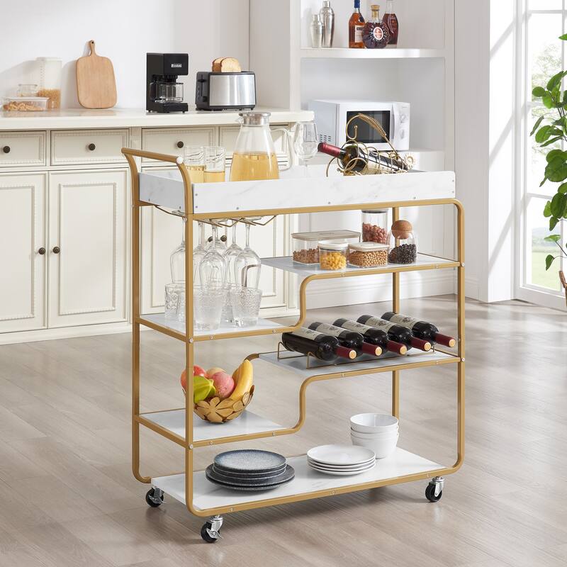 6-Tier Bar Cart, Slide Bar Serving Cart,Wine Cart,Beverage Cart with Wine Rack and Glass Holder,Rolling Drink Trolley - Gold