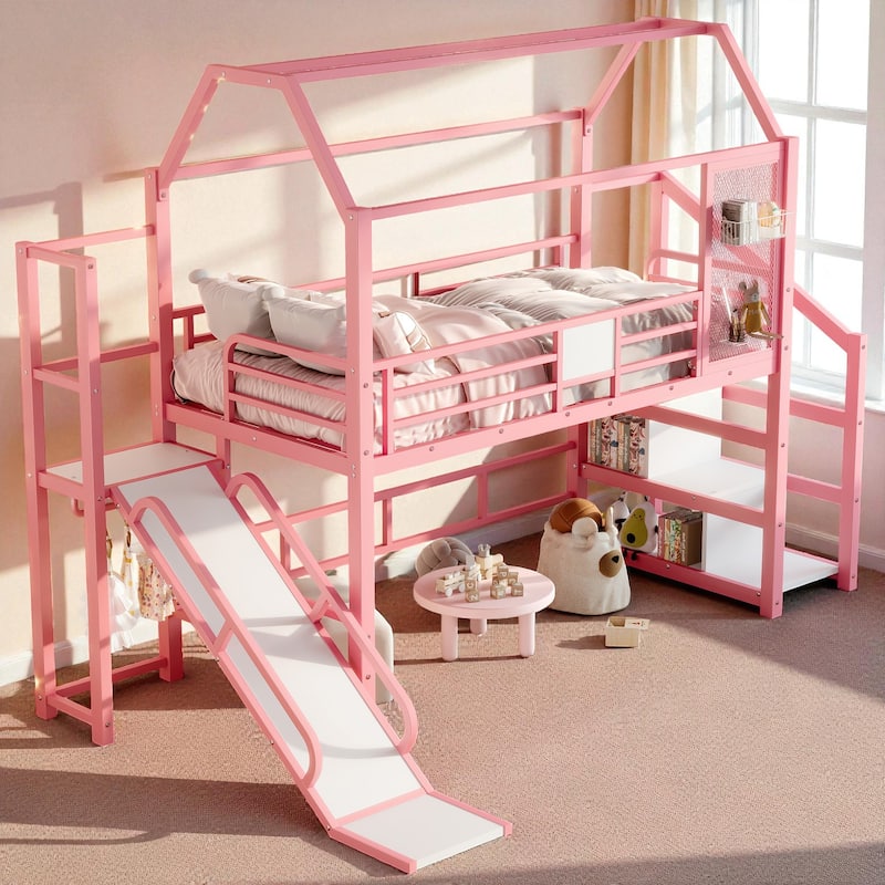 Twin/Full Metal House Loft Bed with Slide and Stairs, Kids Playhouse Bed with Roof, Storage Shelves & Guardrails