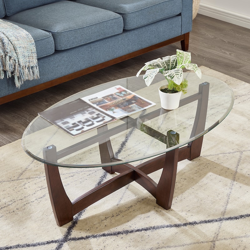 48 Inch Oval Glass Coffee Table, Cherry Round Coffee Table Center Table With Glass Top, Small Coffee Table