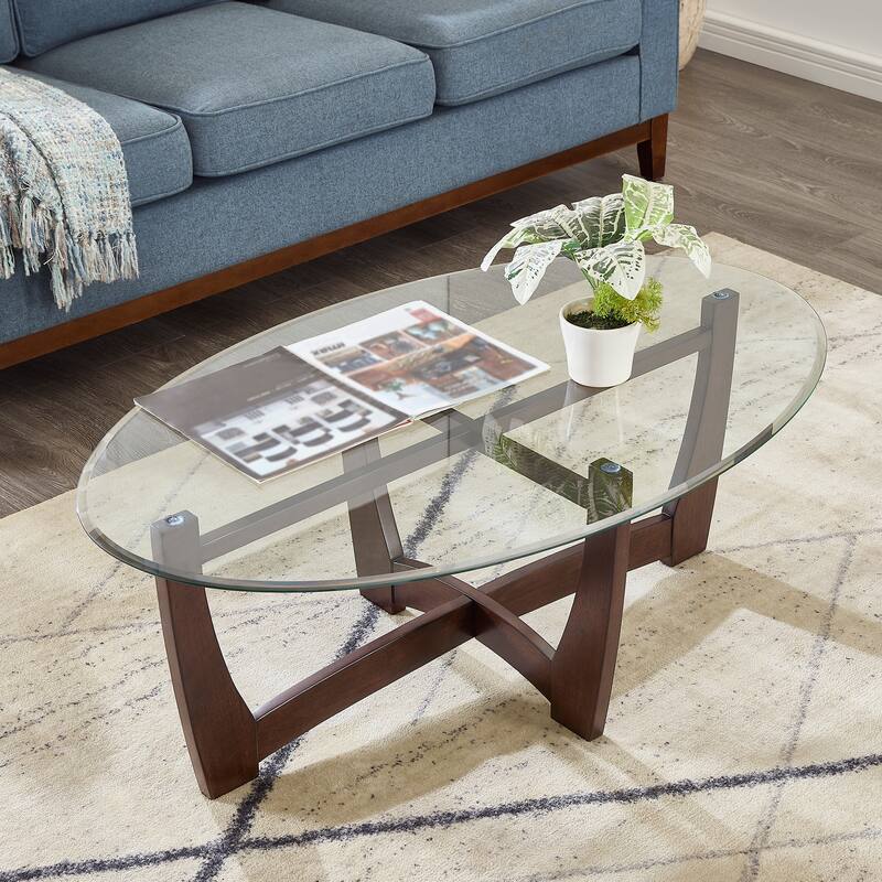 Roomfitters 48-Inch Oval Glass Coffee Table with Metal Frame and Faux Marble MDF Shelf, Modern Center Table, Living Room