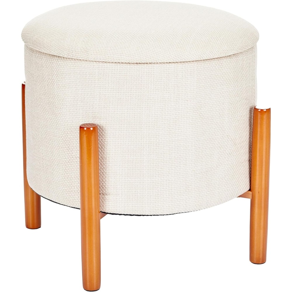 Aria Home Modern Linen Ottoman with Pine Legs and Hidden Storage Flip Tray