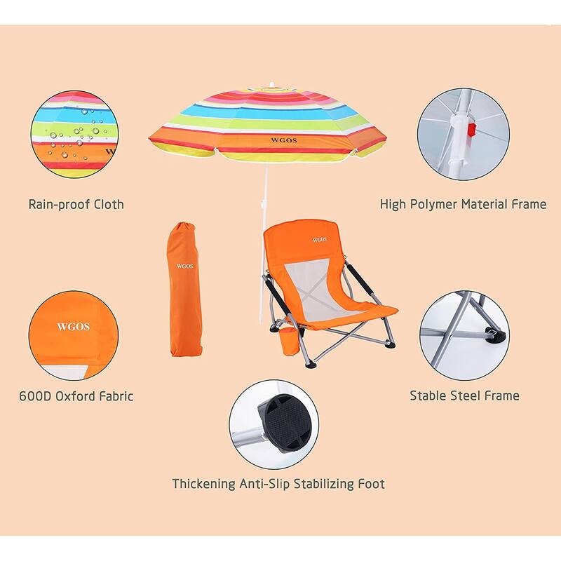 Low Beach Folding Camping Chair with Detachable SPF 50 Umbrella, Armrests with Cup Holder, Portable Lightweight Outdoor
