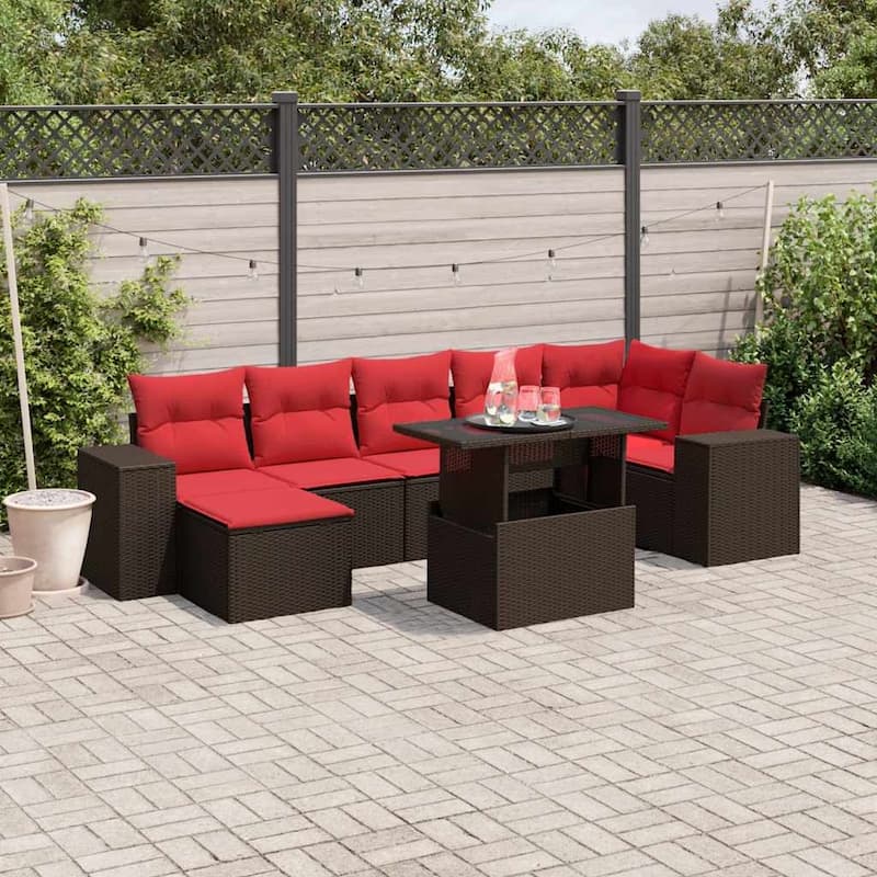 vidaXL Patio Sofa Set with Cushions Table and Couches 8 Piece Poly Rattan - Brown - 24.4" x 24.4" x 27.2"