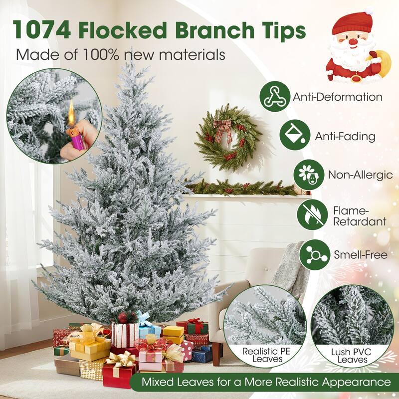 Costway 6/7/8 FT Artificial Christmas Tree with 762/1074/1470 Flocked - See Details - White & Green