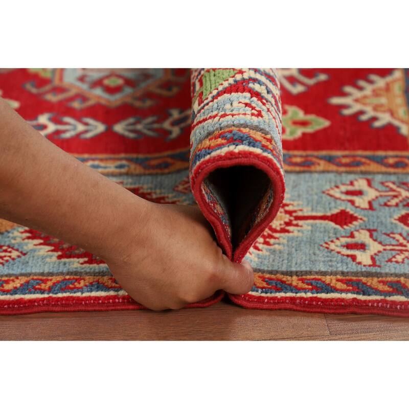 Geometric Red Kazak Accent Rug Hand-Knotted Wool Carpet - 3'2" x 4'11"