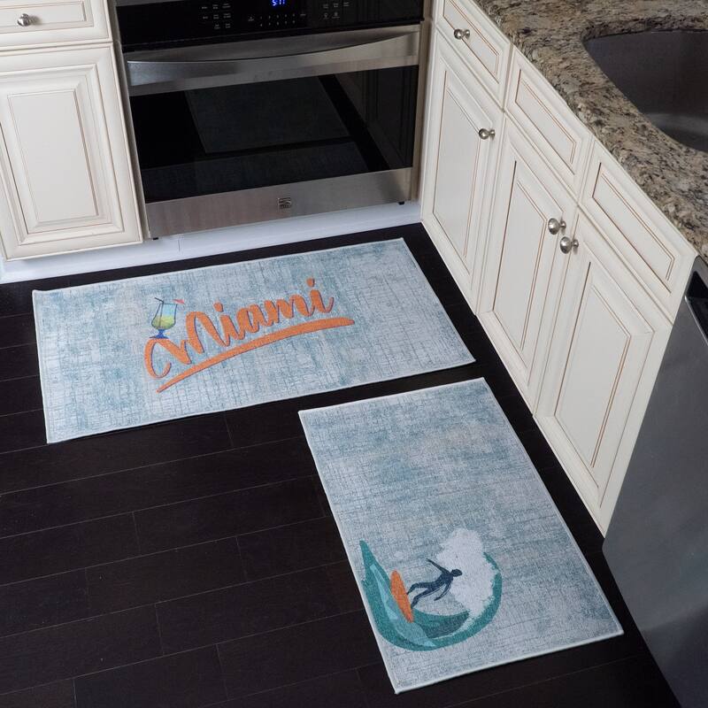 US States Design Non Skid Washable Kitchen Runner Rugs Set of 2 - Set of 44 x 24 and 31.5 x 20 Inches Low Pile Floor Mats - Miami