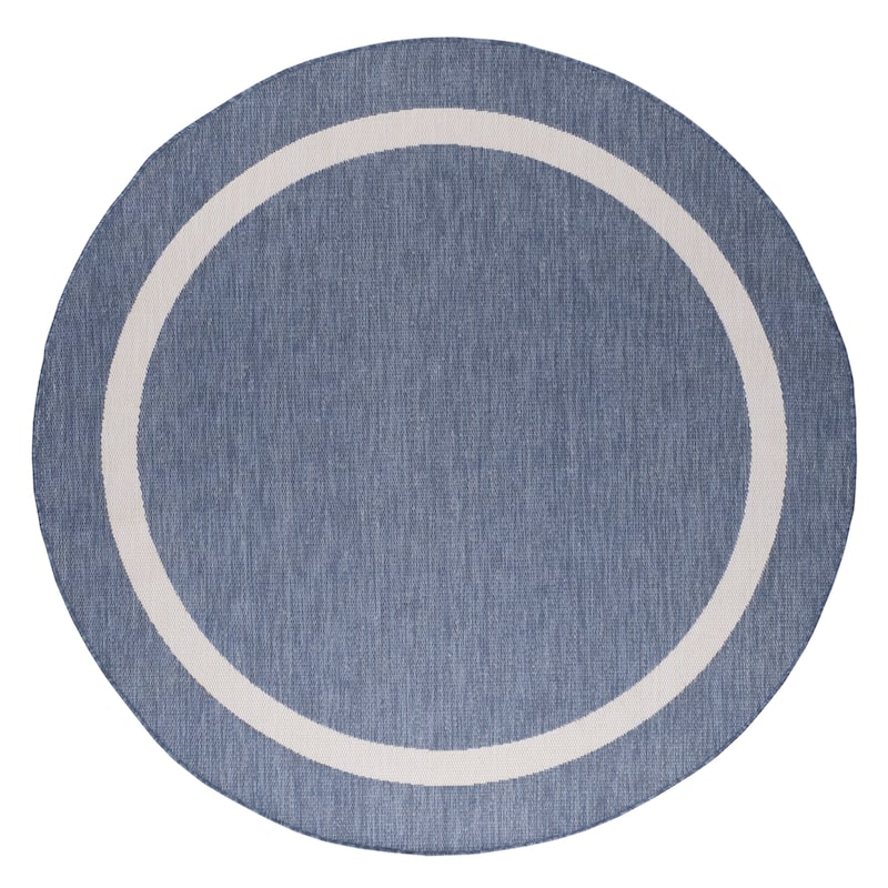Beverly Rug Modern Bordered Indoor Outdoor Rug, Outside Carpet for Patio, Deck, Porch - 7'Round - Blue