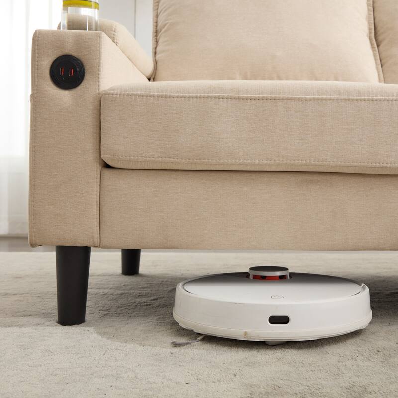 Sofa with Storage Armrests, Magazine Bags, and Sweeper-Friendly Design for Apartments and Living Room