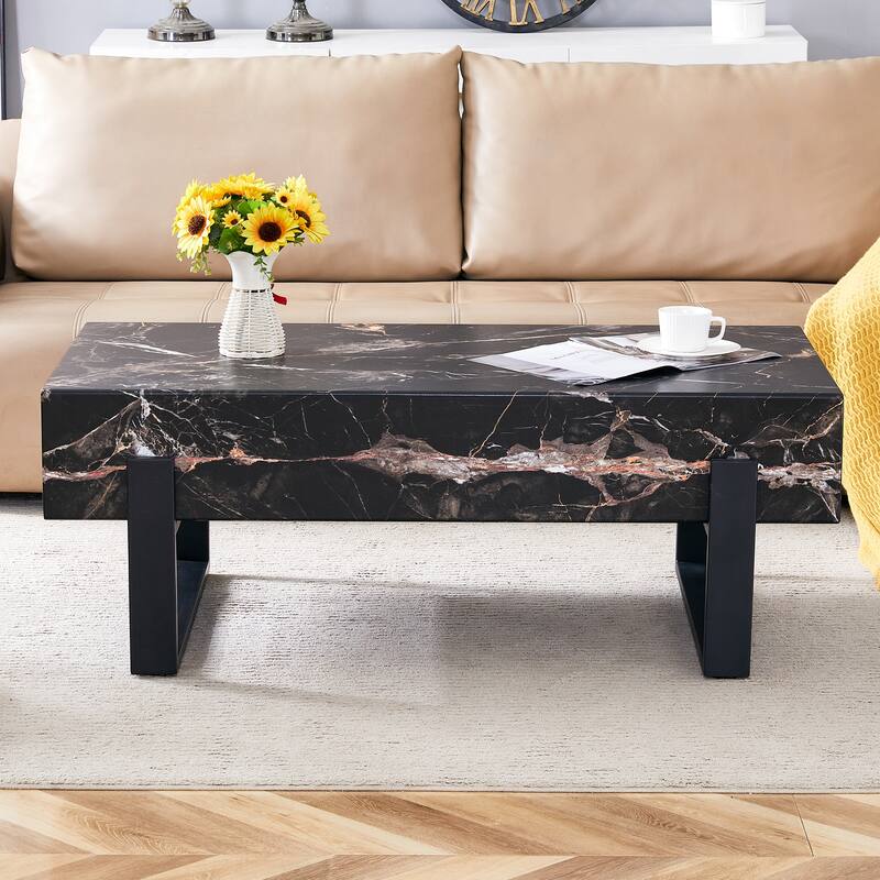 47.2" Modern Rectangular Coffee Table with Black Metal Legs and Anti-Slip Bottom Design