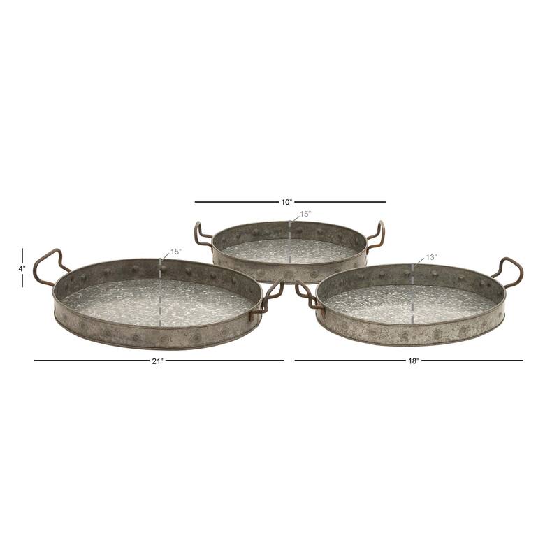 Gray Metal Galvanized Oval Living Room Decor Tray with Rust Handles (Set of 3)