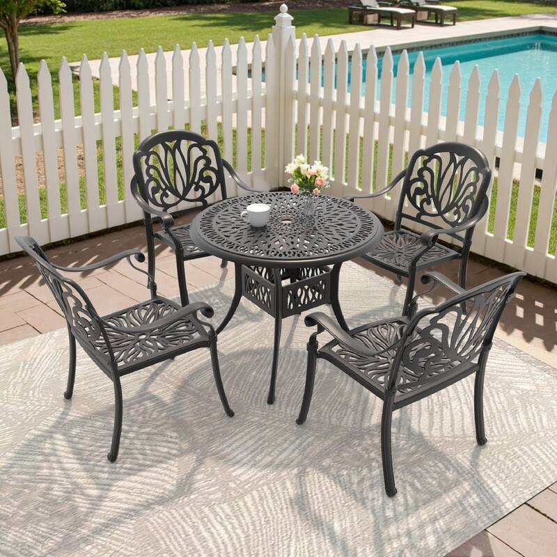 3/5-Piece Cast Aluminum Outdoor Dining Set with 35.43 in. Round Table and Seat Cushions