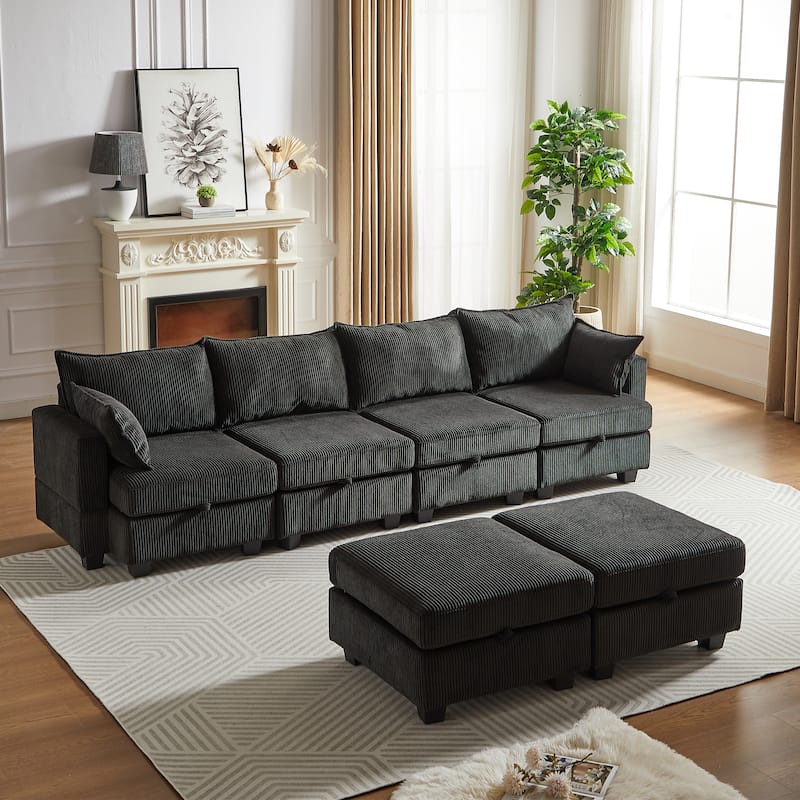 113.5" Corduroy U-Shaped Sectional Sofa with Ottoman - Black