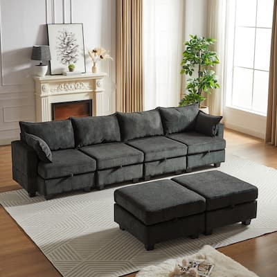 Roomfitters 113.5" Modular Corduroy U-Shaped Sectional Sofa, 6-Seater Convertible Couch with Chaise and Storage Ottoman