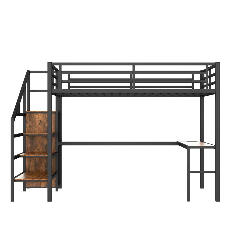 Queen Loft Bed with L-Shaped Desk - Metal Frame Features Wardrobe, Adjustable Shelf & USB/LED Lights