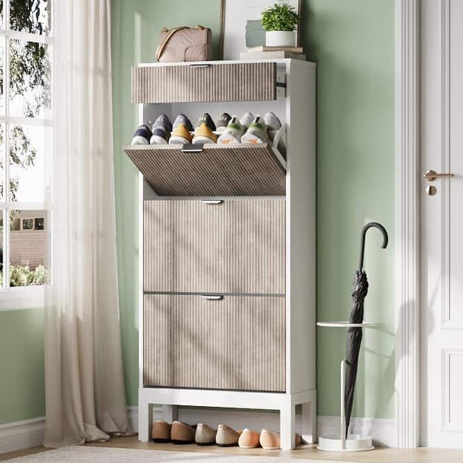 Shoe Storage Cabinet with 3 Flip Drawers, Fluted Shoe Organizer with Metal Legs - White+grey