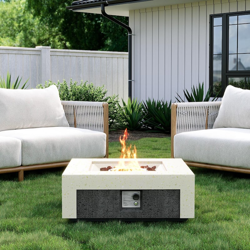 COSIEST Outdoor Concrete Propane Fire Pit Table,Marble & Wood Style Design