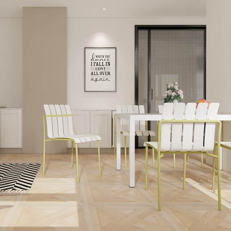 4-Pack Modern Striped Color Block Chairs - Waterproof PP Seat & Sturdy Metal Legs, Indoor/Outdoor Dining Set for Patio, Balcony - Grain Yellow+White