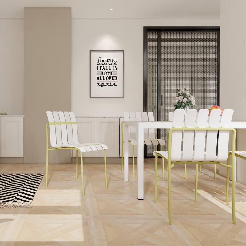 4-Pack Modern Striped Color Block Chairs - Waterproof PP Seat & Sturdy Metal Legs, Indoor/Outdoor Dining Set - Cream White,Grain Yellow